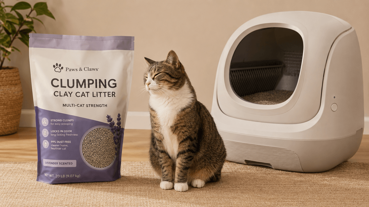 Illustration of a cat beside a self-cleaning litter box filled with clumping clay litter