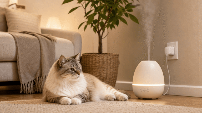 Illustration of a calm cat near a plugged-in pheromone diffuser.