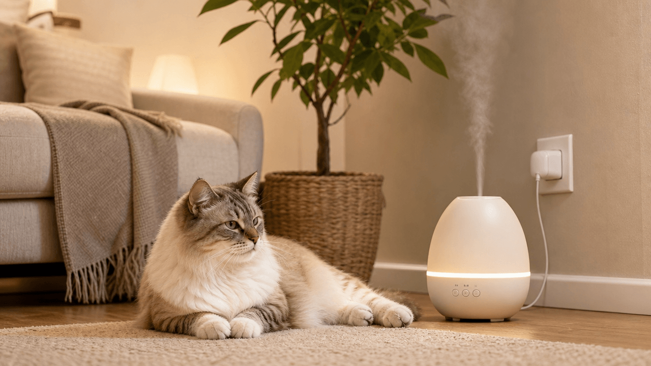 Illustration of a calm cat near a plugged-in pheromone diffuser.