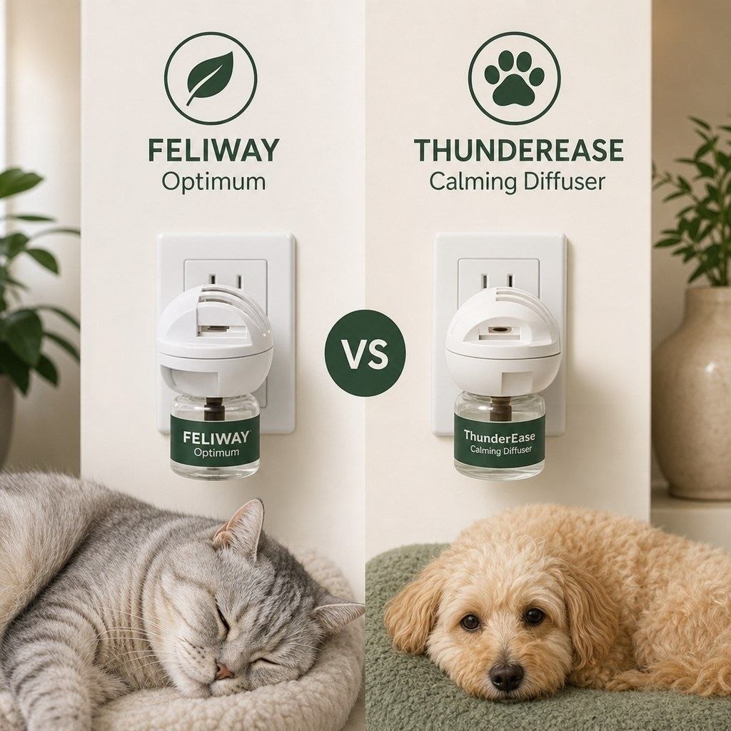 Feliway vs ThunderEase real reviews: two pheromone diffuser designs compared.