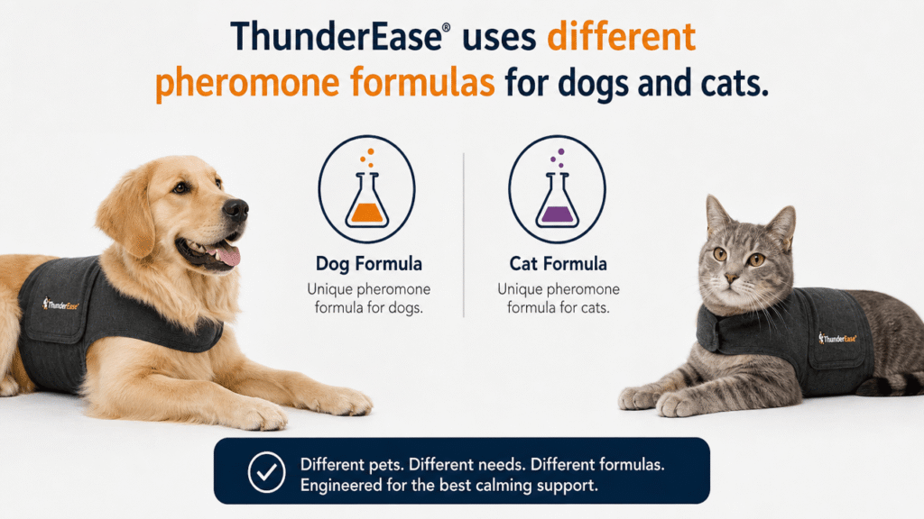Illustration clarifying that ThunderEase uses different pheromone formulas for dogs and cats.