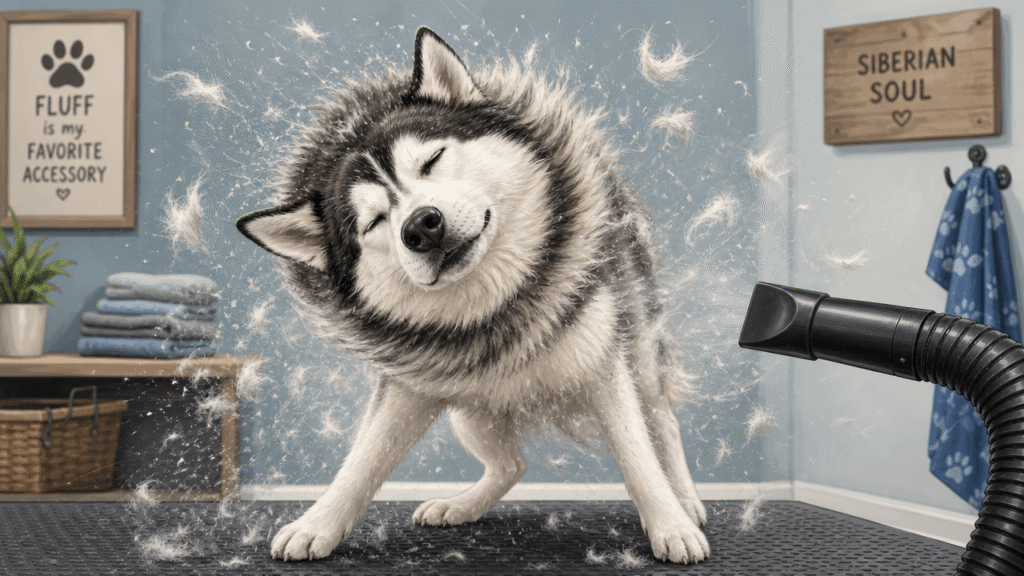 Illustration of a high-velocity dryer blowing loose undercoat off a double-coated dog.
