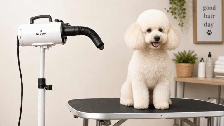 Illustration of a stand-mounted finishing dryer being used on a curly-coated dog during grooming.