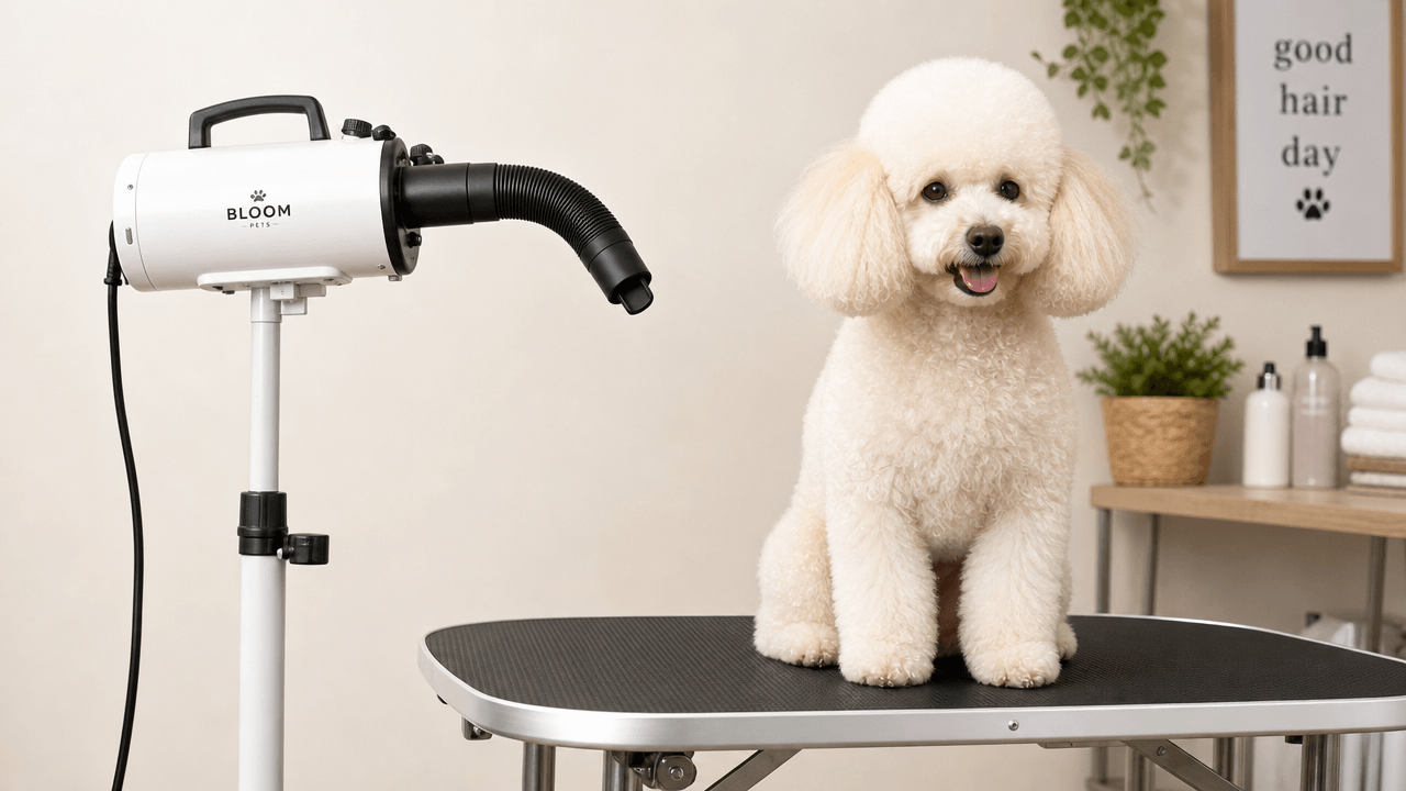 Illustration of a stand-mounted finishing dryer being used on a curly-coated dog during grooming.
