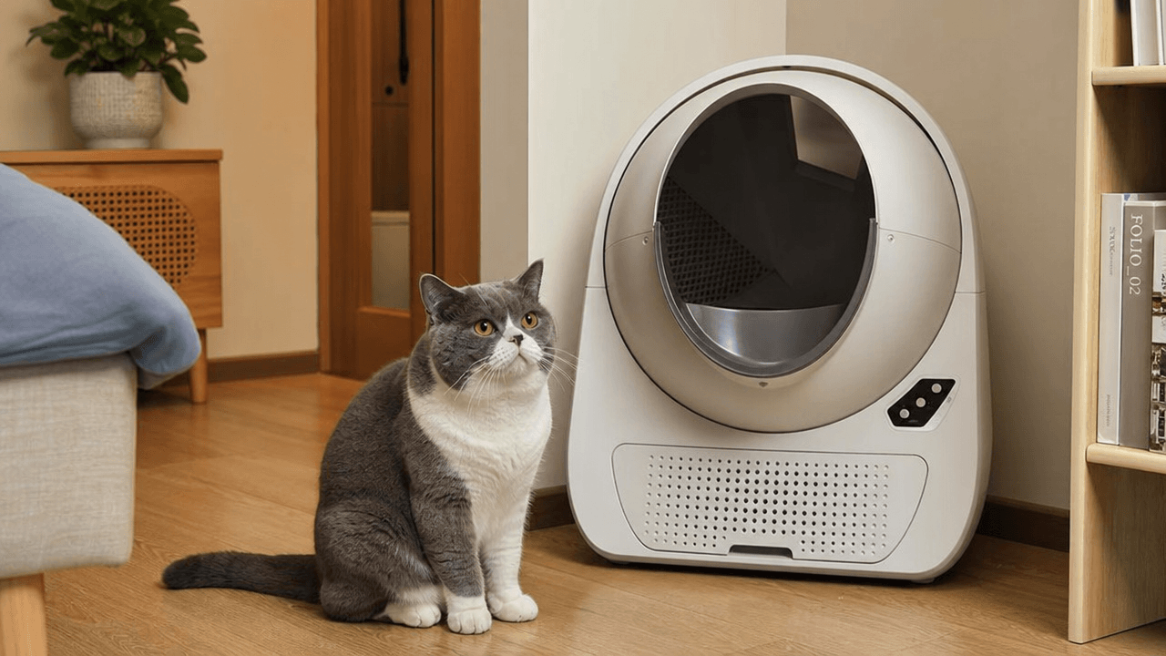 Illustration of a cat beside a compact self-cleaning litter box in an apartment.