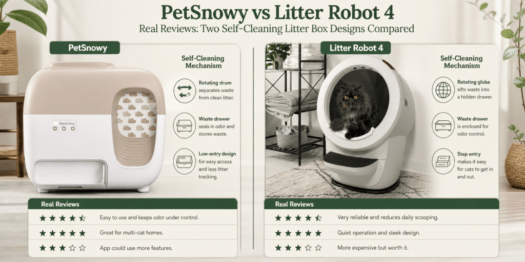 PetSnowy vs Litter Robot 4 real reviews: two self-cleaning litter box designs compared.