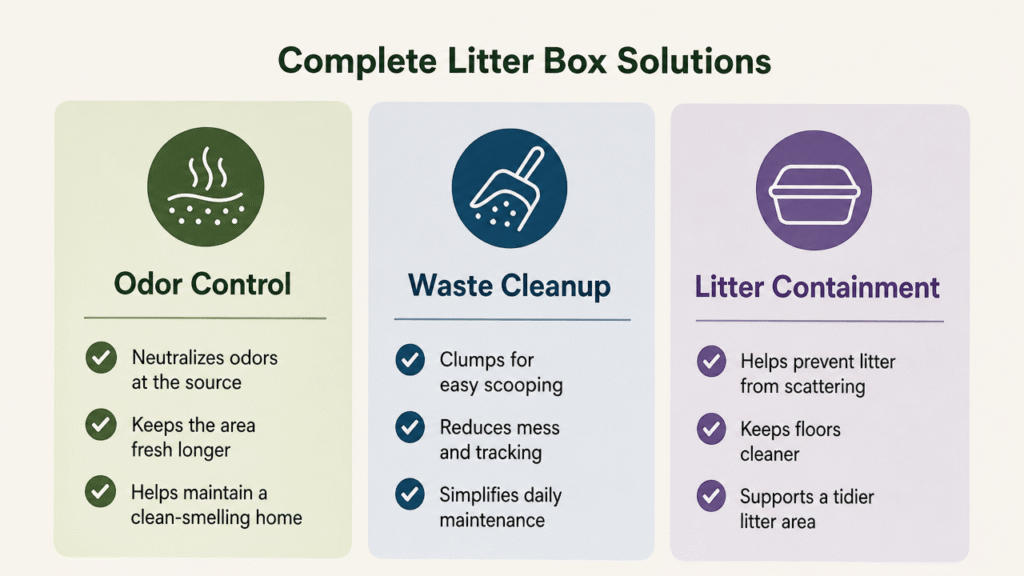 Illustration breaking down odor control, waste cleanup, and litter containment as separate categories.