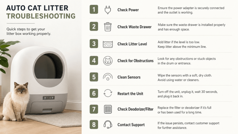 Illustrated troubleshooting checklist for a self-cleaning litter box sensor error.