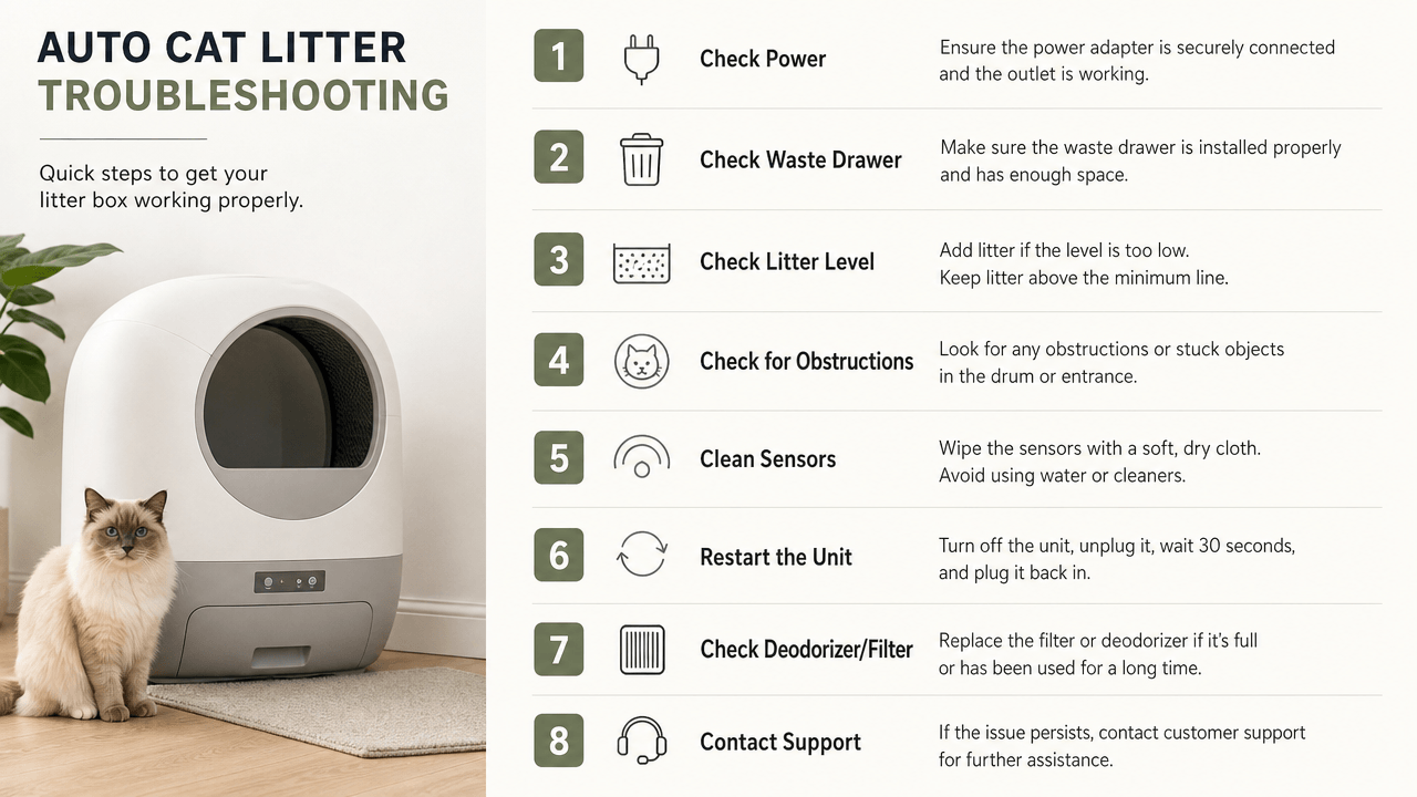 Illustrated troubleshooting checklist for a self-cleaning litter box sensor error.