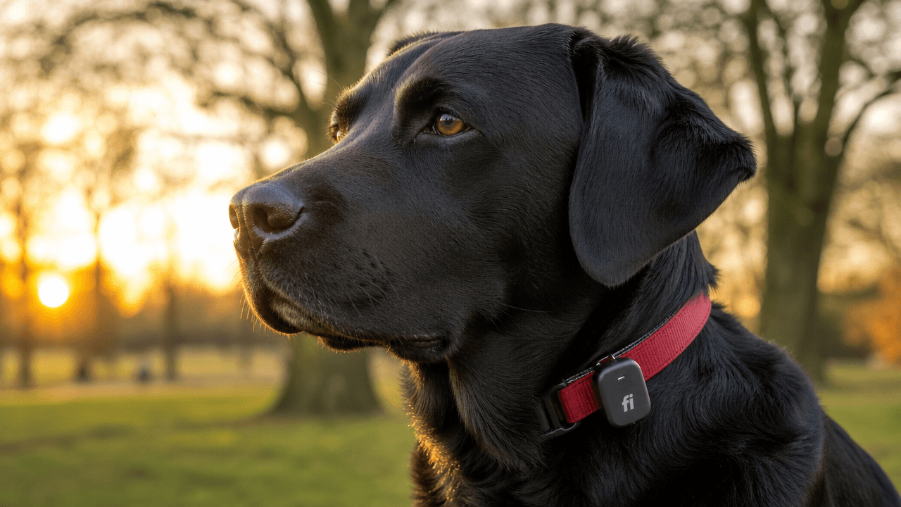 Fi vs Tractive Real Owner Reviews, black lab with red collar and Fi GPS