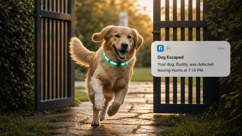 Illustration of a GPS dog tracker sending an escape alert notification