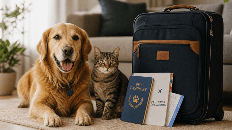 Illustration of pet travel documents needed when moving between US states and territories.