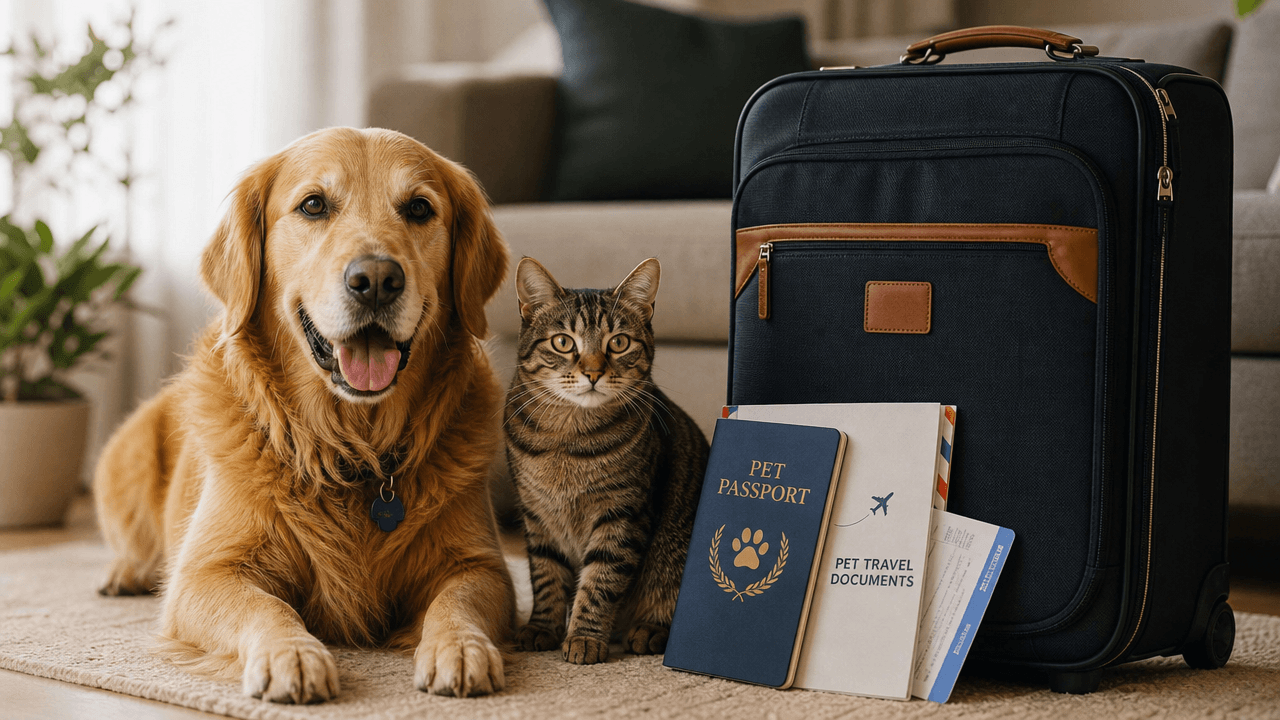 Illustration of pet travel documents needed when moving between US states and territories.