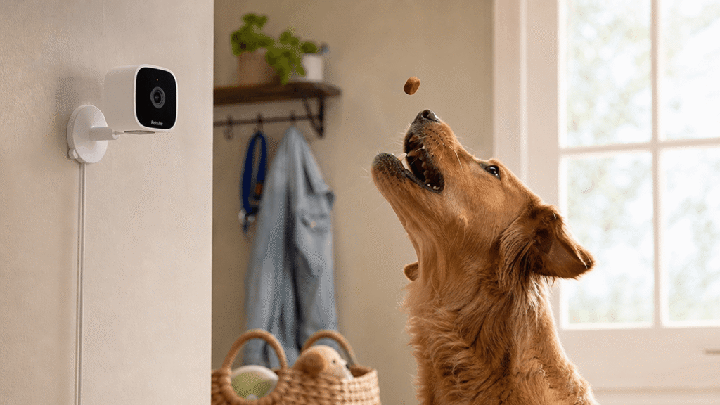 Illustration of a dog catching a treat tossed from a smart pet camera.