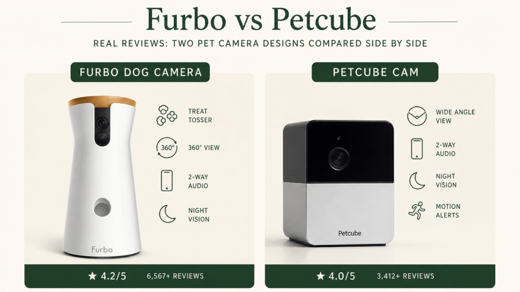 Furbo vs Petcube real reviews: two pet camera designs compared side by side.
