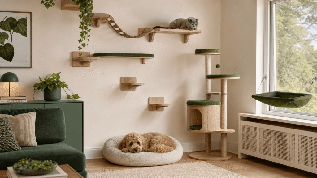 Illustration of vertical territory solutions like cat shelves and window perches in a small apartment.
