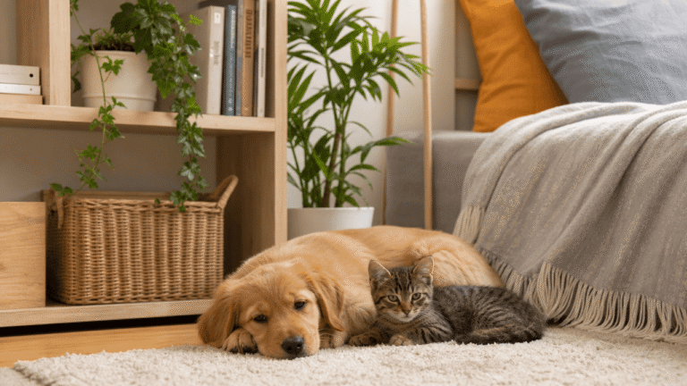 Illustration of a cat and dog comfortably settled in a small apartment space.