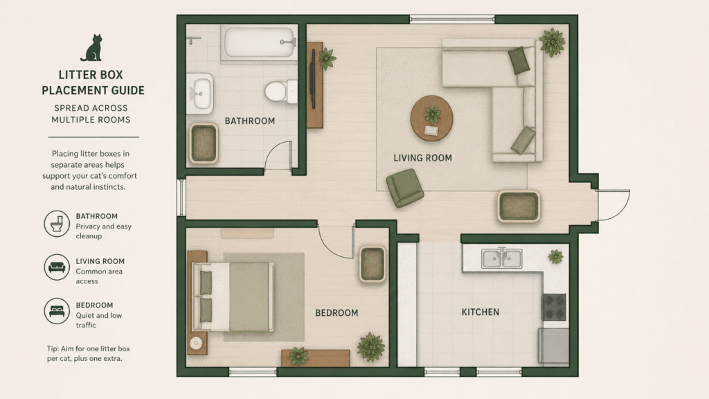 Apartment guide for dogs and cats: illustrated litter box placement across separate rooms.