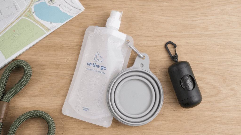 Illustration of travel gear for flying with pets, including a portable water dispenser.