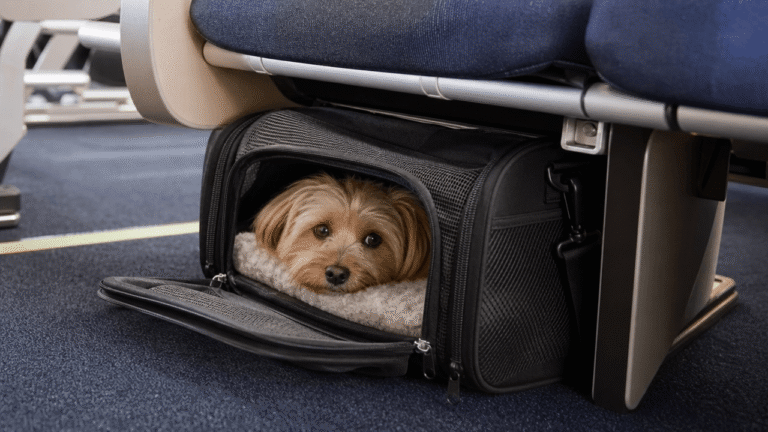 Illustration of a dog resting calmly in an under-seat airline pet carrier.