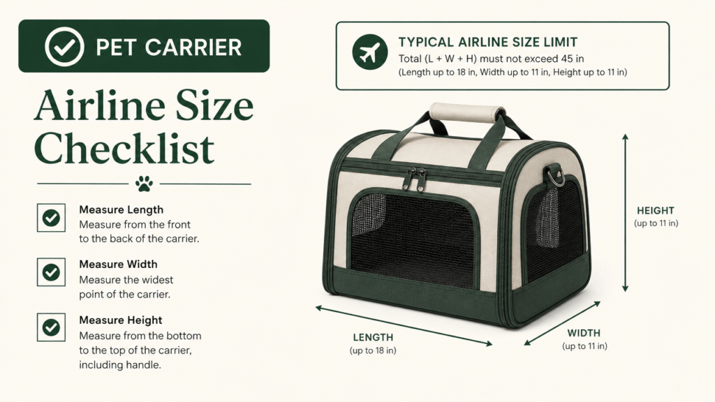 Flying with pets us checklist: illustrated carrier size verification.