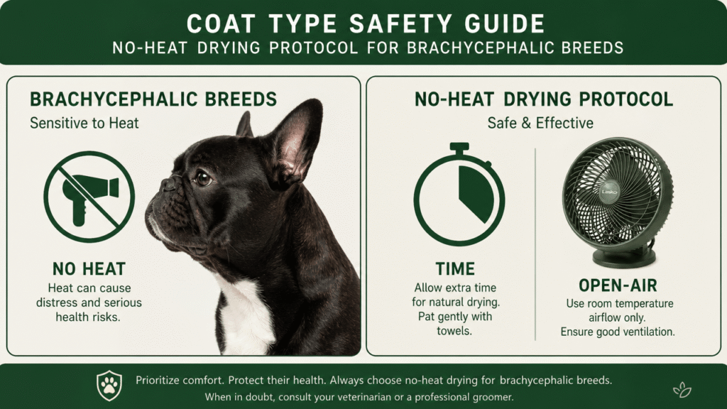Coat type safety guide for dogs and cats: no-heat drying protocol for brachycephalic breeds.