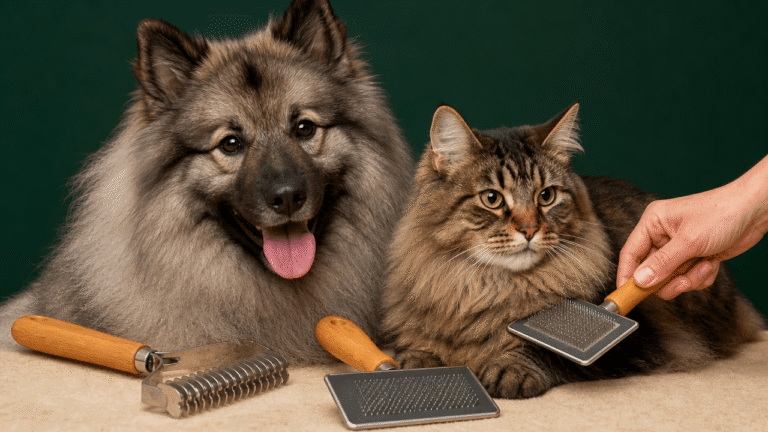 Coat type safety guide for dogs and cats featuring realistic pet grooming equipment and safety protocols.