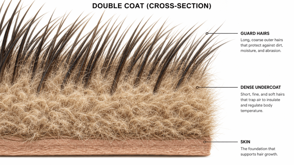 Diagram of a double-coated dog's guard hairs and undercoat layers for thermoregulation.
