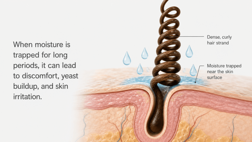 Illustration showing trapped moisture at the skin level in curly-coated dogs during grooming.
