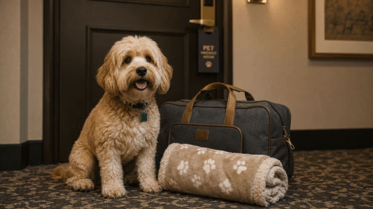Illustration of a dog's packed travel bag for a pet-friendly hotel stay.