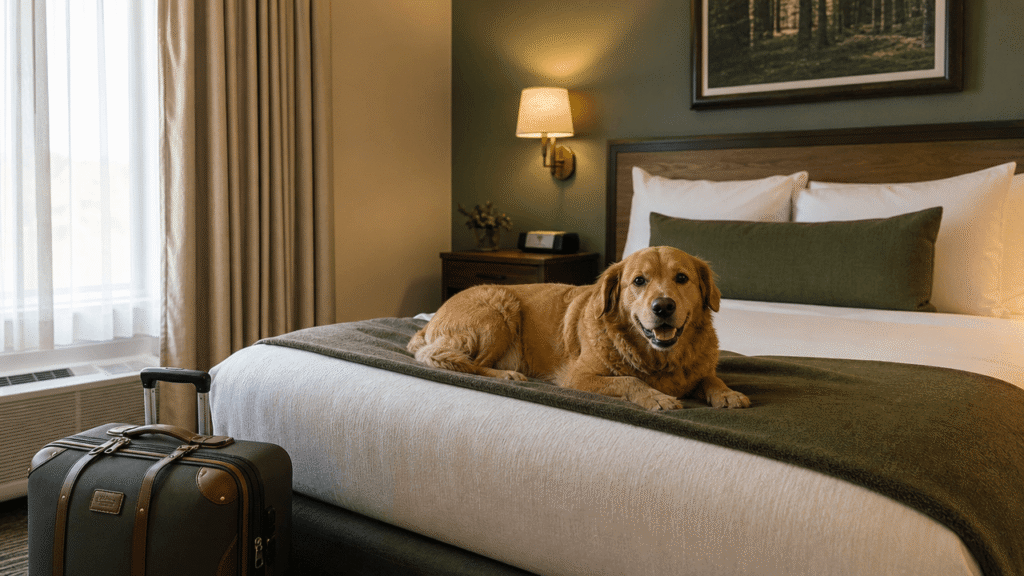 Pet friendly hotels us guide: illustrated dog resting comfortably in a hotel room.
