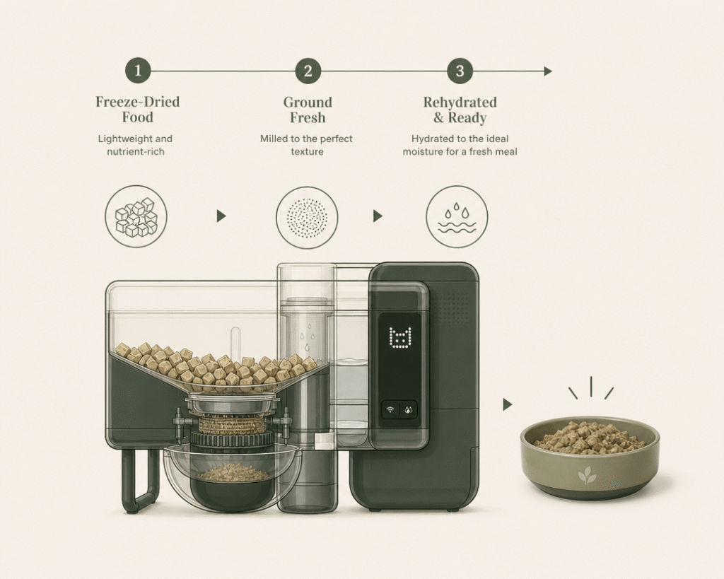 Neakasa Riko review: illustrated diagram of freeze-dried food being rehydrated into a fresh meal.

