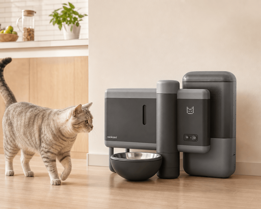 Illustration of a cat approaching a Neakasa riko automatic wet food feeder