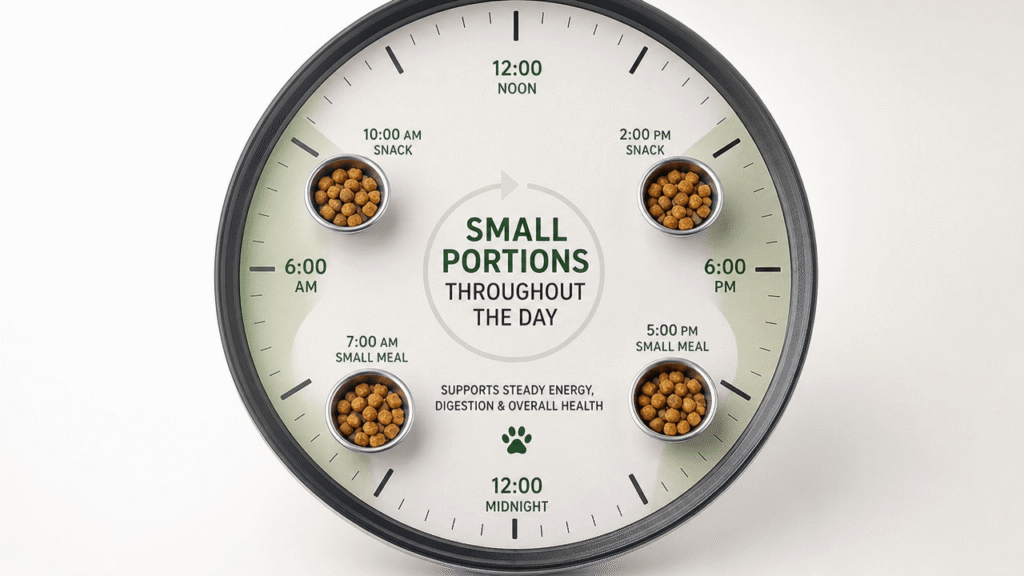 Illustration comparing small frequent fresh meals to one large meal sitting out