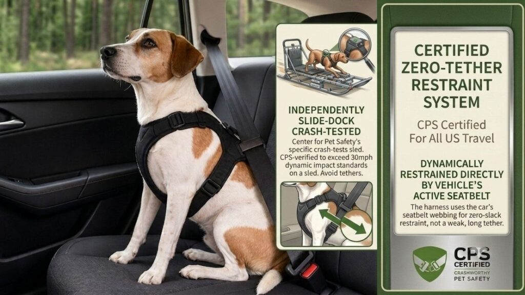 Road trip with pets us safety: illustrated crash-tested harness setup.

