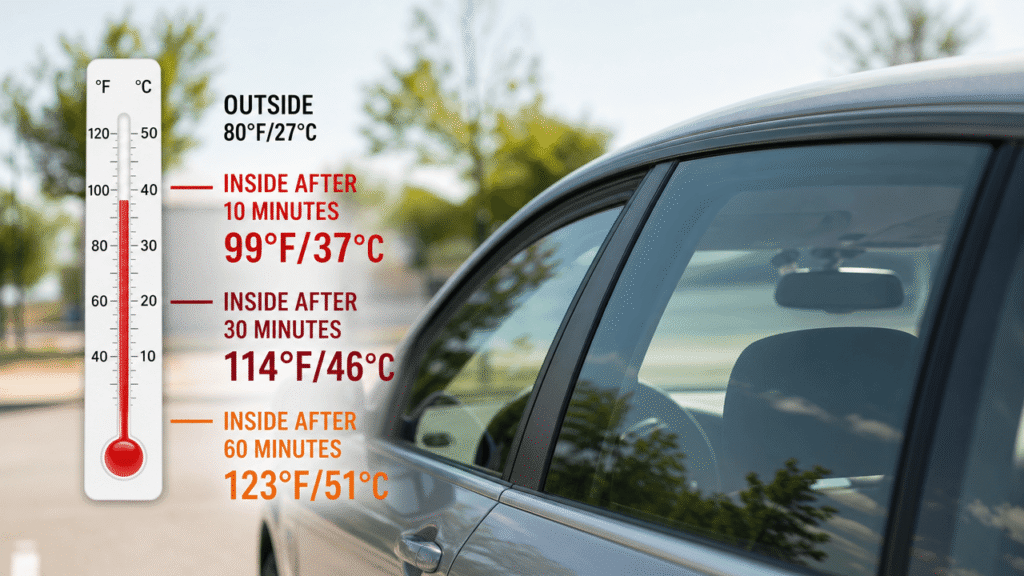 Illustration warning about rising temperatures inside a parked car