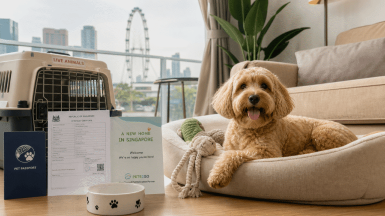 Illustration of a dog safely and legally arriving at a new home in Singapore.