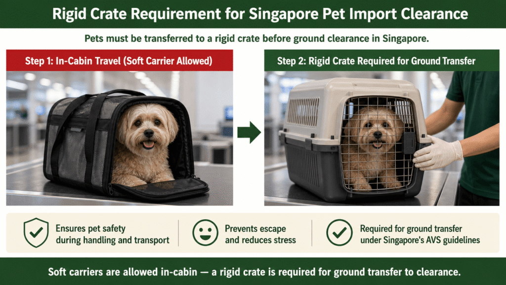 Illustration showing the rigid crate requirement for Singapore pet import clearance.