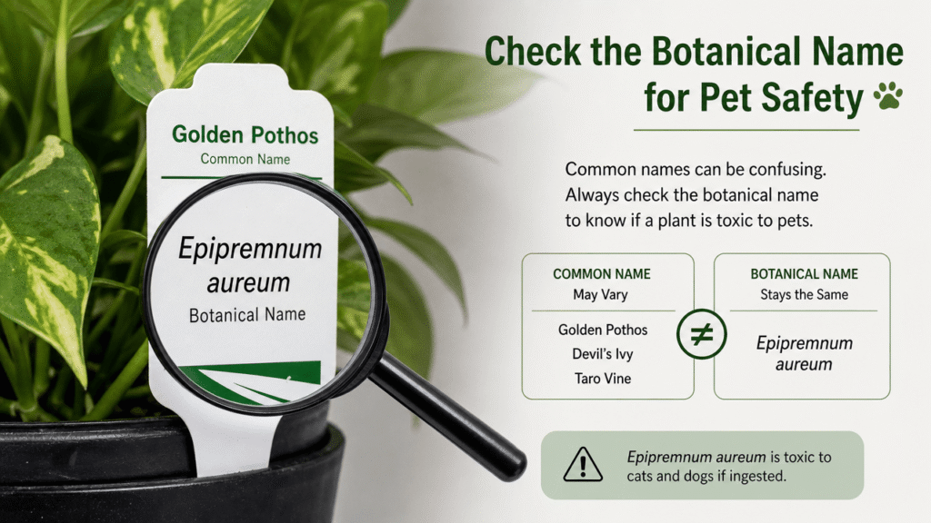 Illustration showing the importance of checking a plant's botanical name for pet safety.