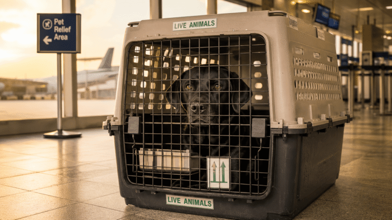 Illustration of a dog in a rigid travel crate ready for airport clearance