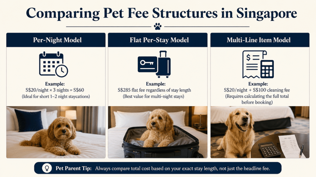 Illustration comparing per-night, per-stay, and per-month pet fee structures at hotels.