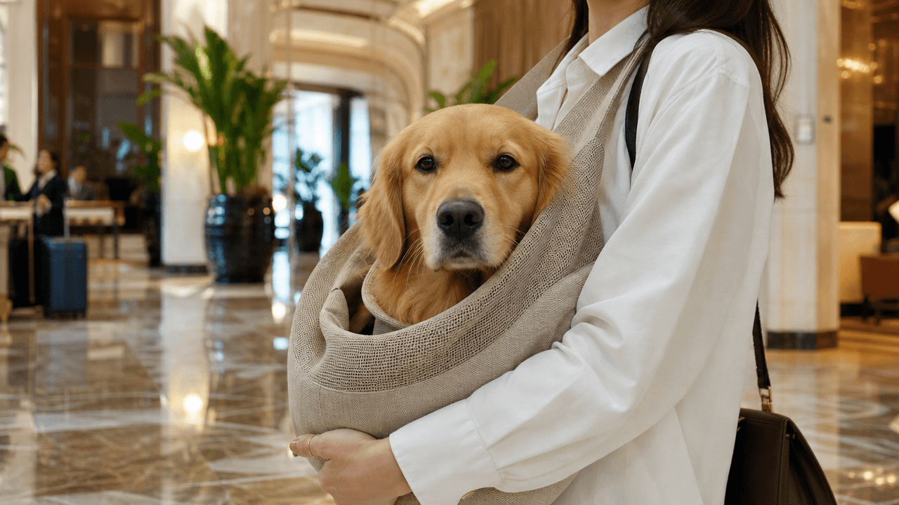 Illustration of a dog in a carrier in a hotel common area in Singapore.