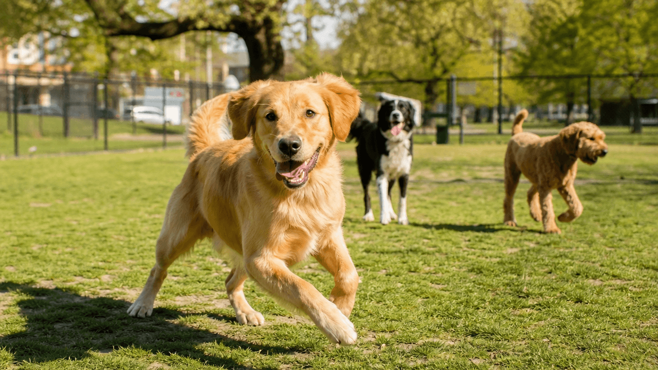 Illustration of a dog enjoying an off-leash dog run in a Singapore park