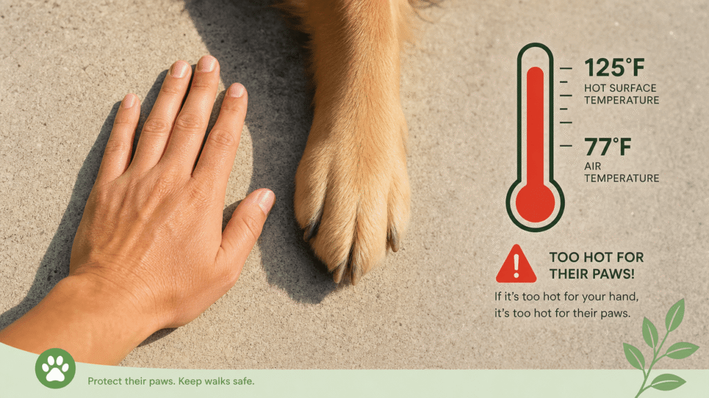 Illustration of the five-second pavement heat test for dog paw safety in Singapore.

