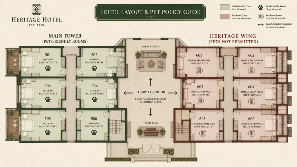 Pet friendly hotels Singapore: illustrated room-category pet policy comparison.