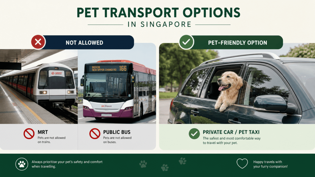 Local travel with pets in Singapore: illustrated transport options comparison.


