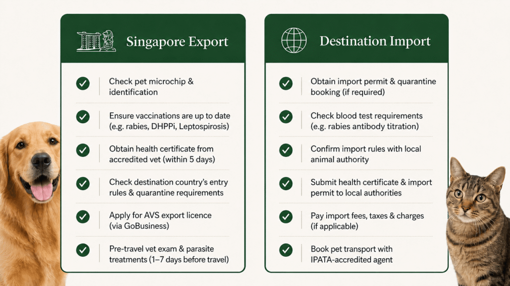 Traveling overseas with your pet from Singapore: illustrated dual checklist for export and import requirements.