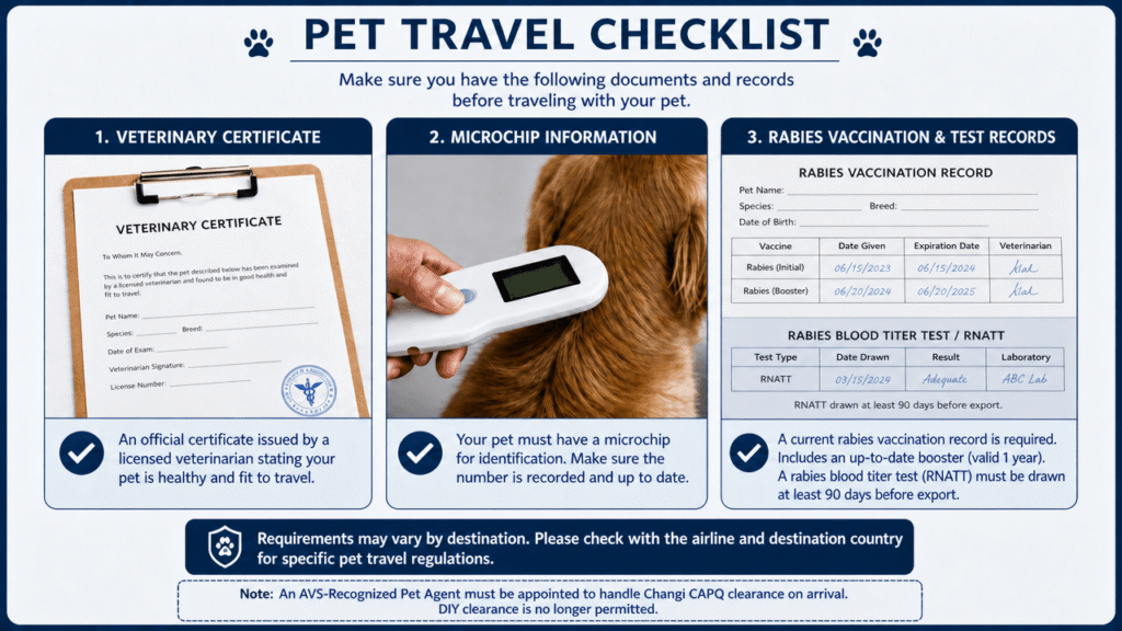 Illustration of the documentation checklist for flying with pets to Singapore.

