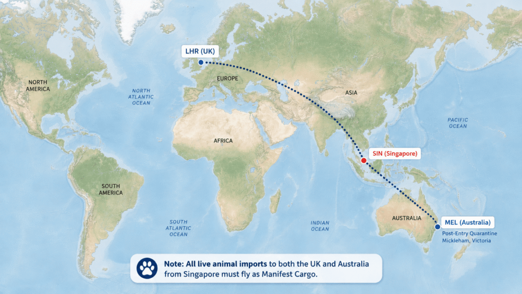 Illustration of pet travel routes from Singapore to common overseas destinations